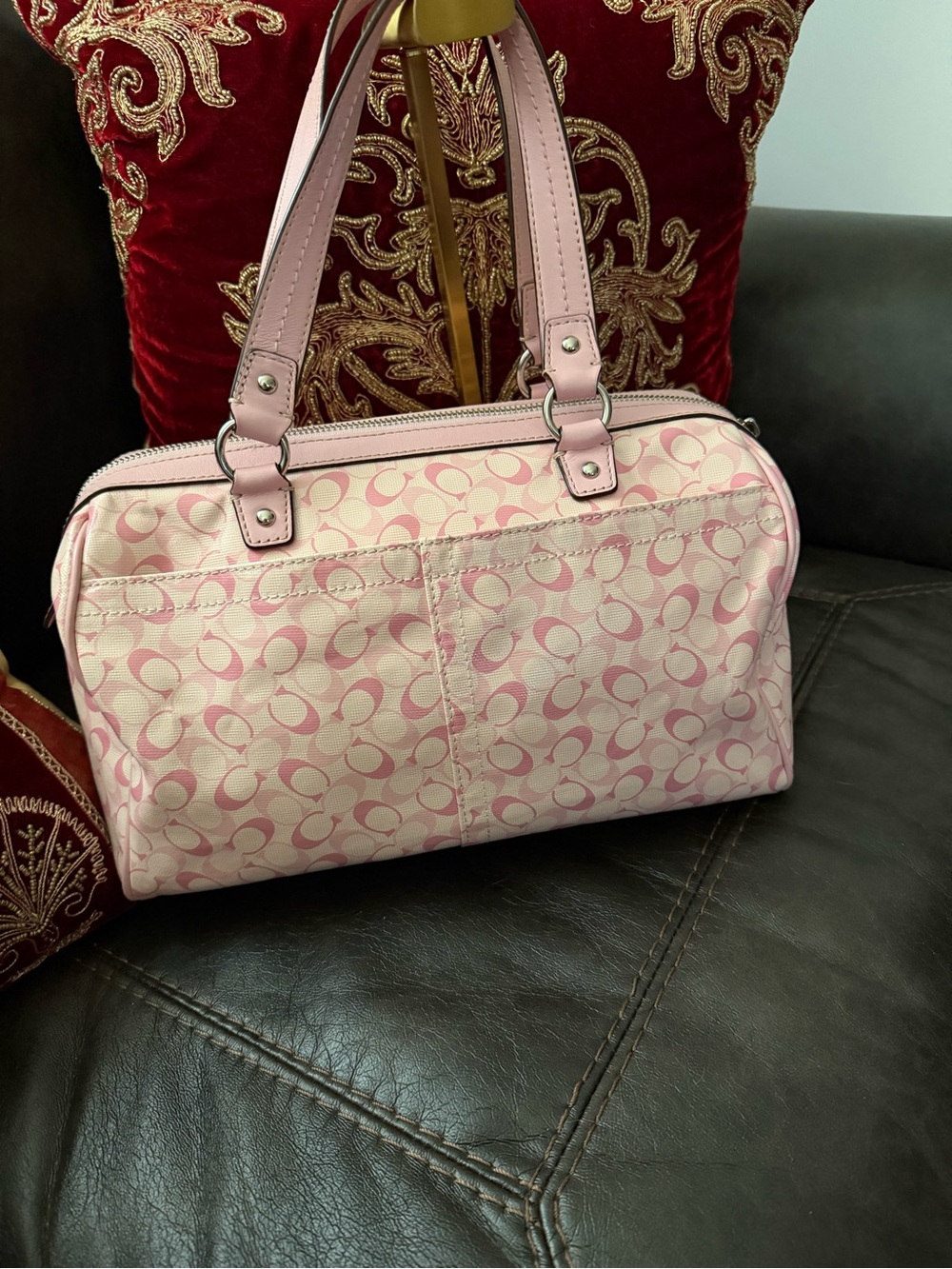 Coach Pink Signature Chelsea Heritage Canvas Satchel Shoulder Bag EUC. - Picture 2 of 4